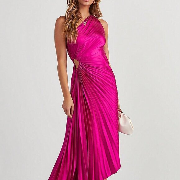 Hot Pink Women's One Shoulder Asymmetrical Hem Satin Cocktail Dress - Picture 2 of 5